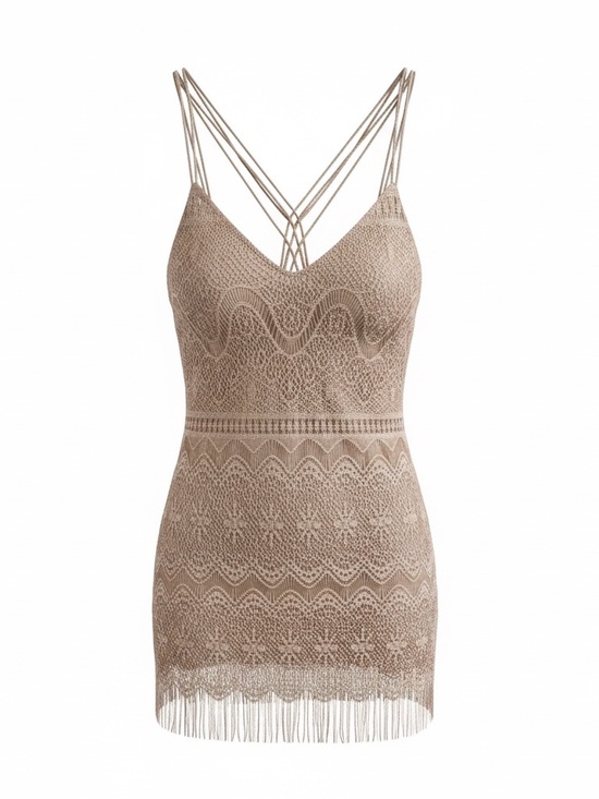 Jessica Simpson Dresses & Skirts - ⭐️NWT Jessica Simpson Crochet Fringe Dress Size 4 Taupe Boho Festival Beach Mini